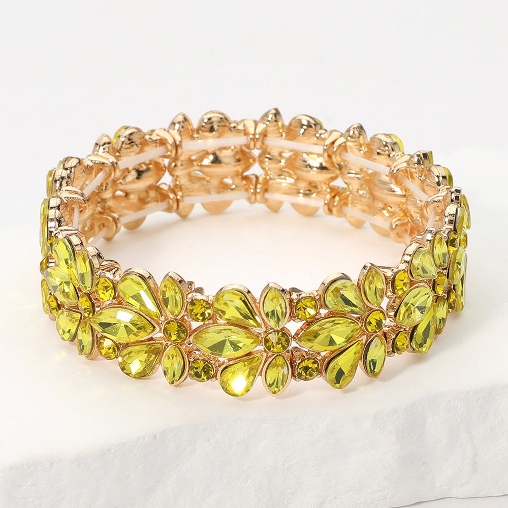 Yellow Crystal Flower Stretch Pageant Bracelet  | Prom Bracelet