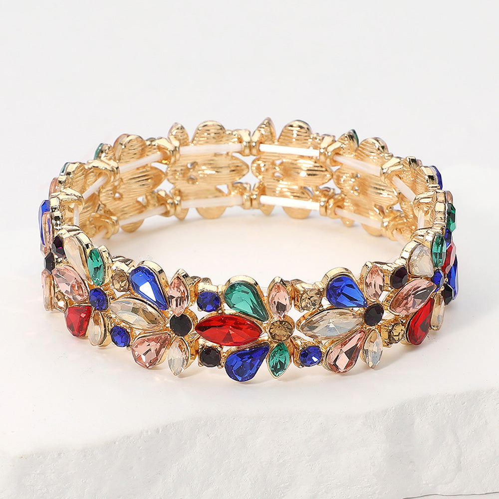 Multi-Color Crystal Flower Stretch Pageant Bracelet  | Prom Bracelet 