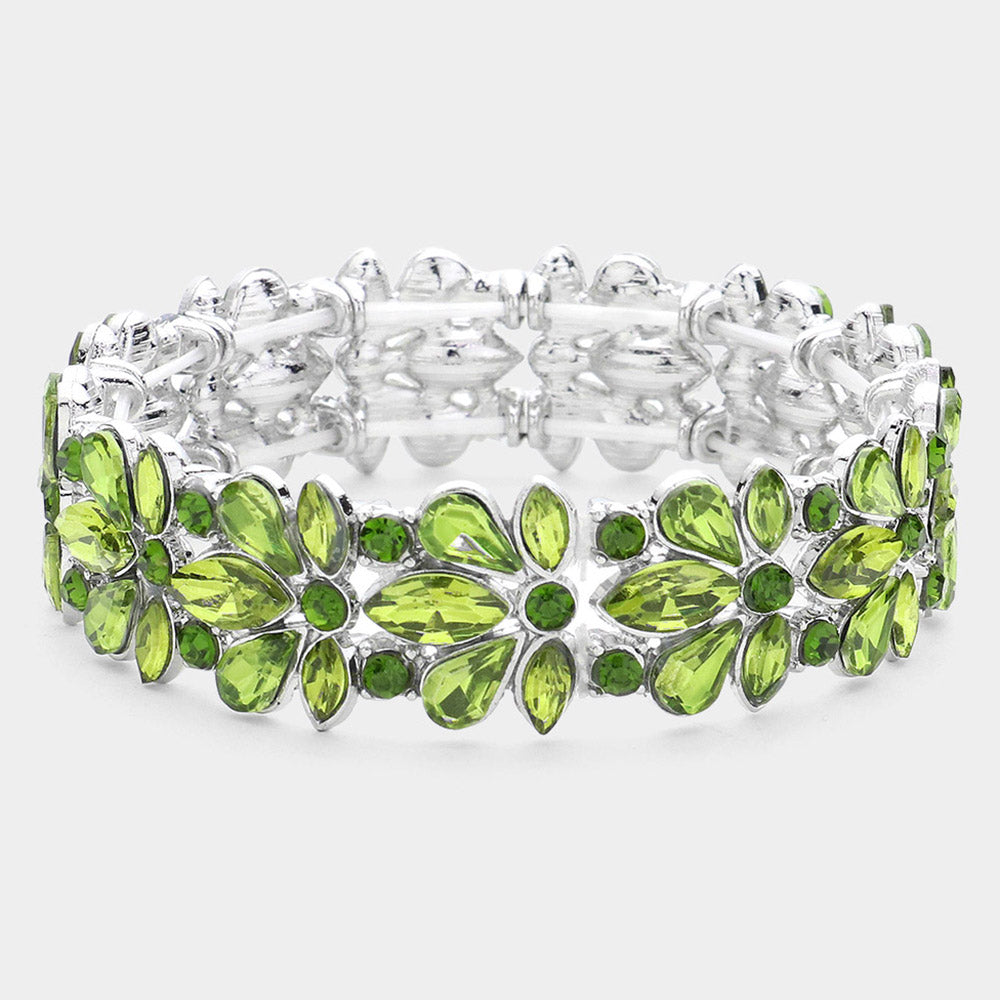 Olive Green Crystal Flower Stretch Pageant Bracelet  | Prom Bracelet