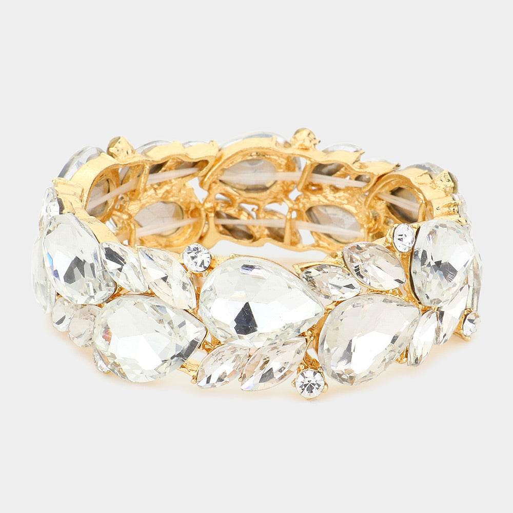 Clear Teardrop and Marquise Stone Cluster Stretch Pageant Bracelet on Gold | Bling Chunky Bracelet