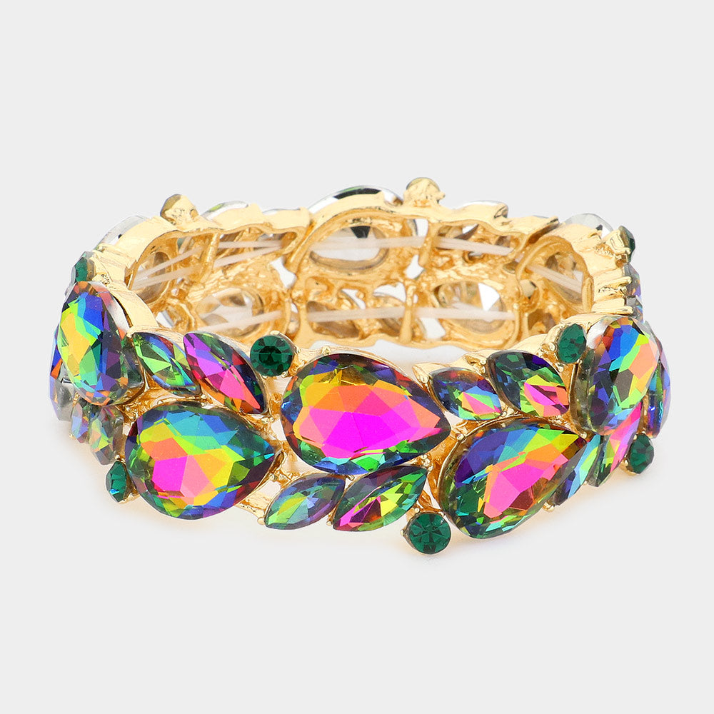 Multi-Color Teardrop and Marquise Stone Cluster Stretch Pageant Bracelet  | Bling Chunky Bracelet