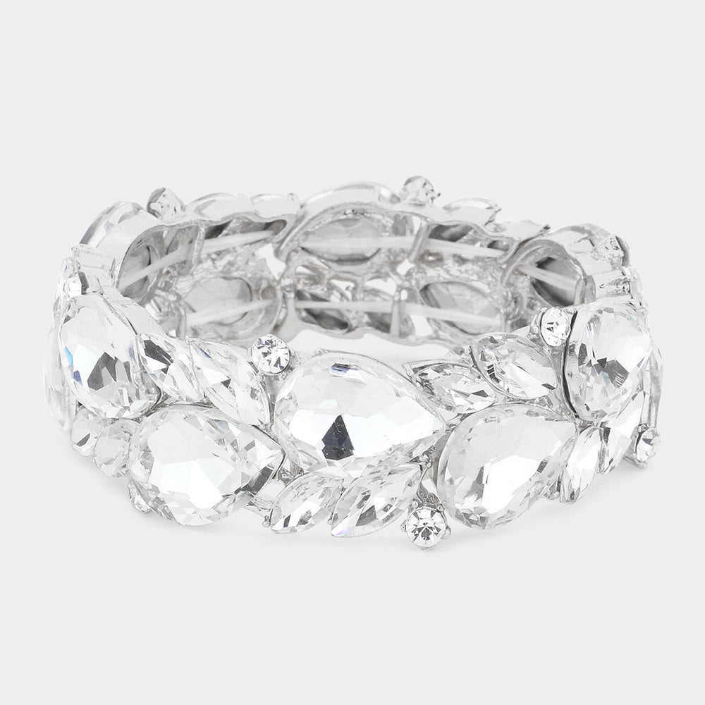 Clear Teardrop and Marquise Stone Cluster Stretch Pageant Bracelet | Bling Chunky Bracelet