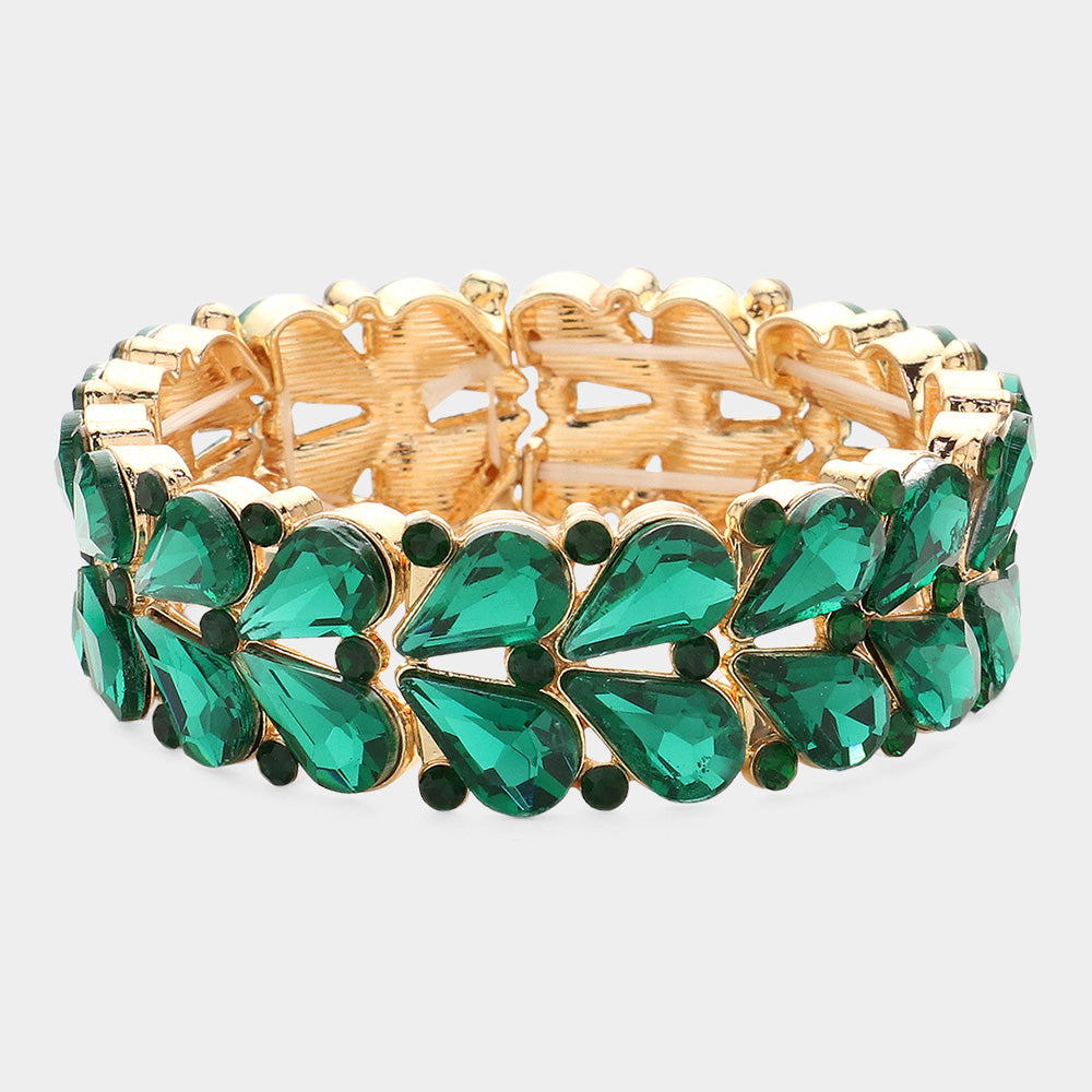 Emerald Crystal Teardrop Cluster Pageant Stretch Bracelet | Green Crystal Stretch Bracelet