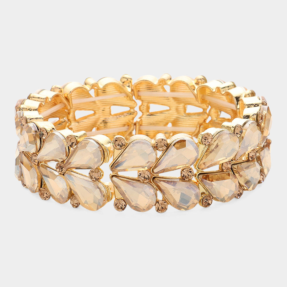 Light Topaz Crystal Teardrop Cluster Pageant Stretch Bracelet |Gold Crystal Stretch Bracelet