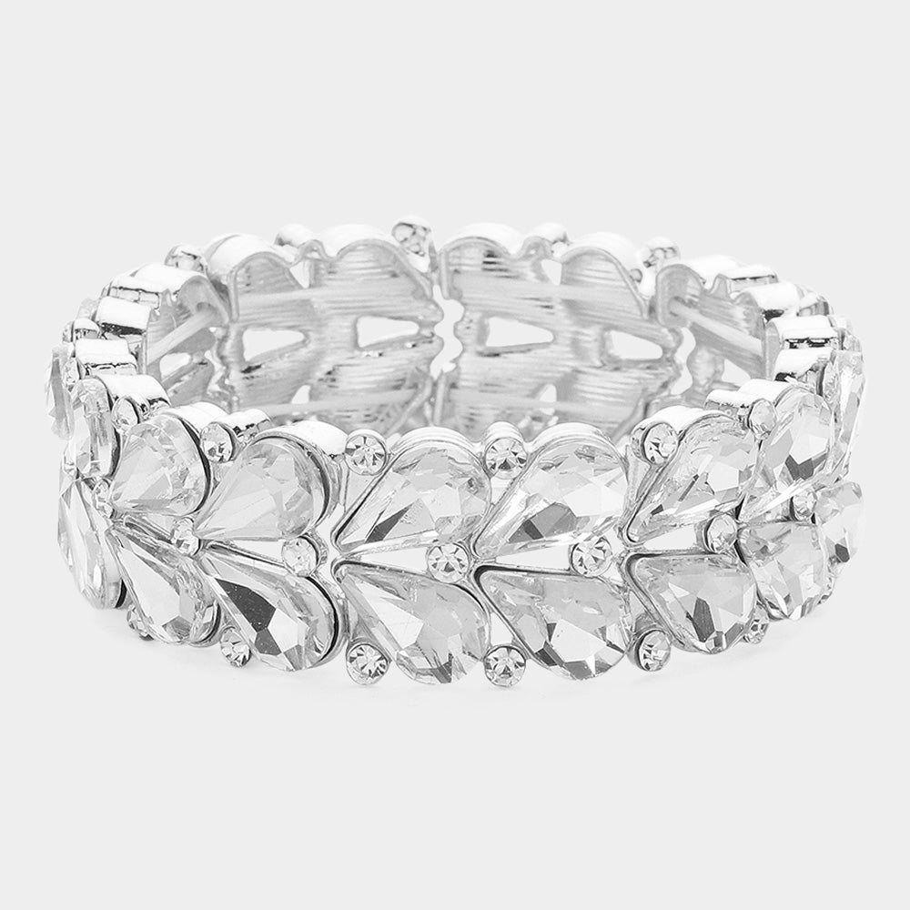 Clear Crystal Teardrop Cluster Pageant Stretch Bracelet  | Clear Crystal Stretch Bracelet