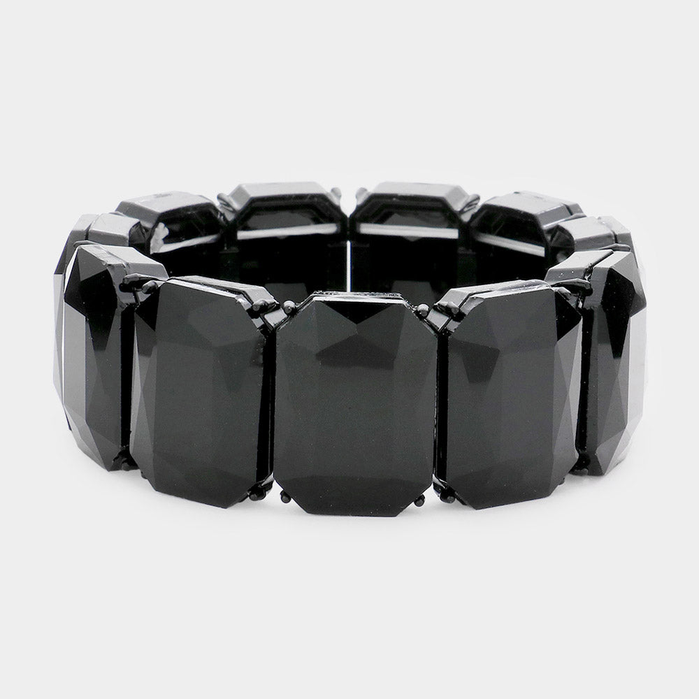 Black Emerald Cut Stone Stretch Pageant Bracelet | Black Evening Bracelet