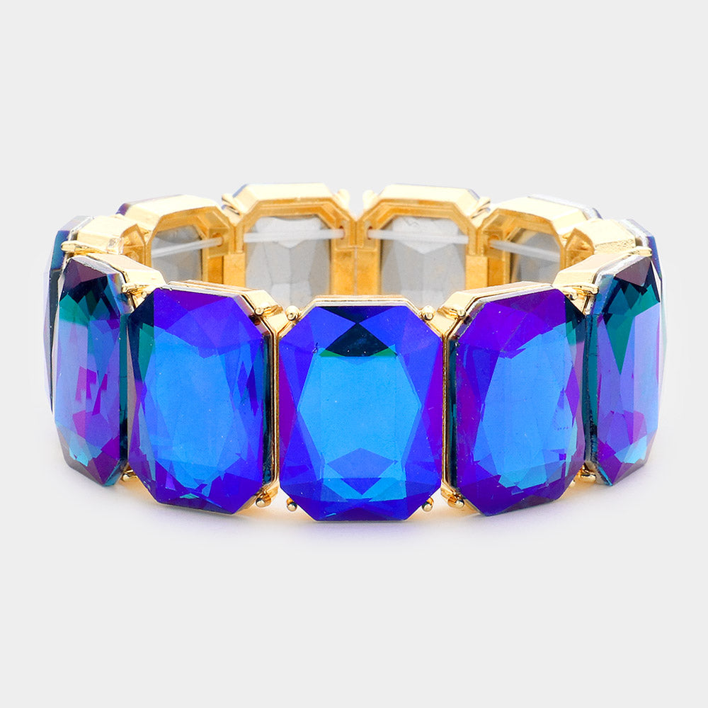 Blue AB Emerald Cut Stone Stretch Pageant Bracelet on Gold| Blue AB Evening Bracelet on Gold