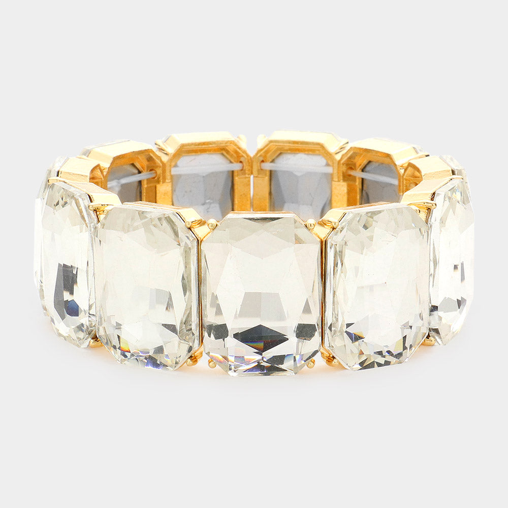 Clear Emerald Cut Stone Stretch Pageant Bracelet on Gold| Clear Evening Bracelet on Gold 