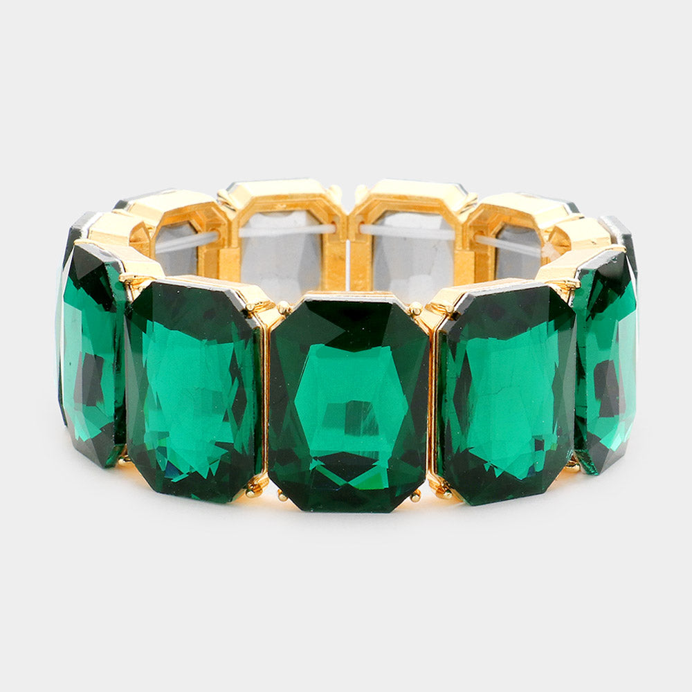 Green Emerald Cut Stone Stretch Pageant Bracelet | Emerald Evening Bracelet