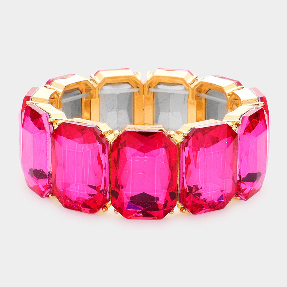 Fuchsia Emerald Cut Stone Stretch Pageant Bracelet | Hot Pink Evening Bracelet 