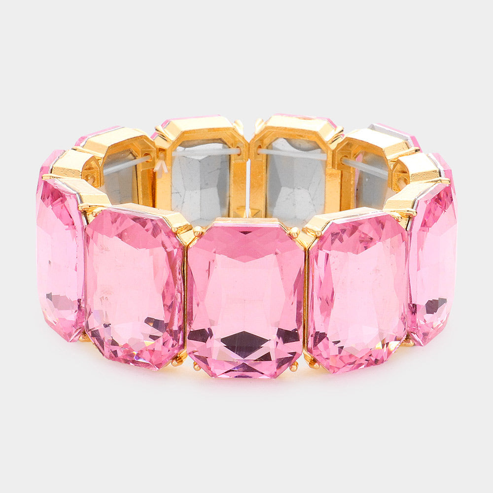 Pink Emerald Cut Stone Stretch Pageant Bracelet | Pink Evening Bracelet