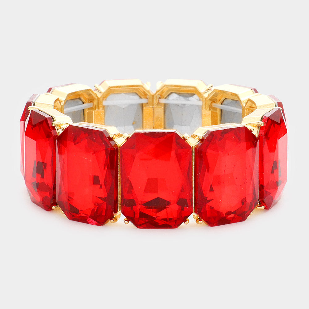 Red Emerald Cut Stone Stretch Pageant Bracelet | Red Evening Bracelet