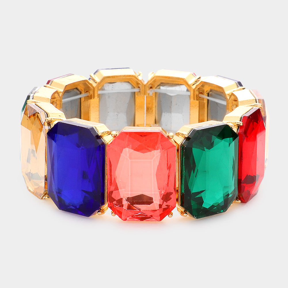 Multi-Color Emerald Cut Stone Stretch Pageant Bracelet | Multi-Color Evening Bracelet