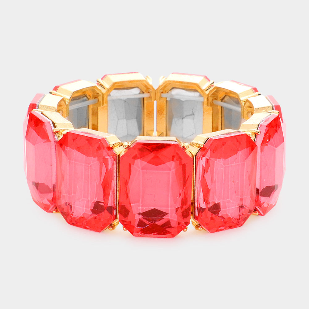 Coral Emerald Cut Stone Stretch Pageant Bracelet | Coral Evening Bracelet