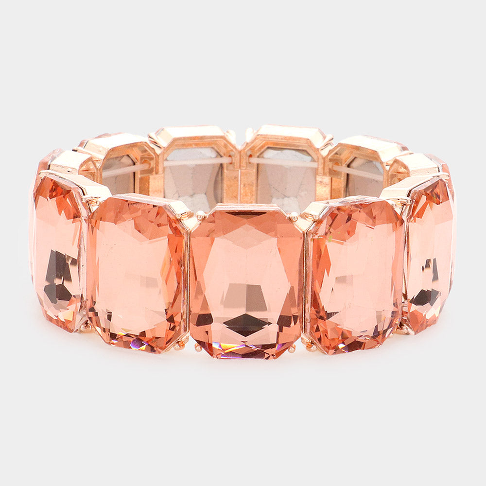 Peach Emerald Cut Stone Stretch Pageant Bracelet on Rose Gold | Peach Evening Bracelet on Rose Gold