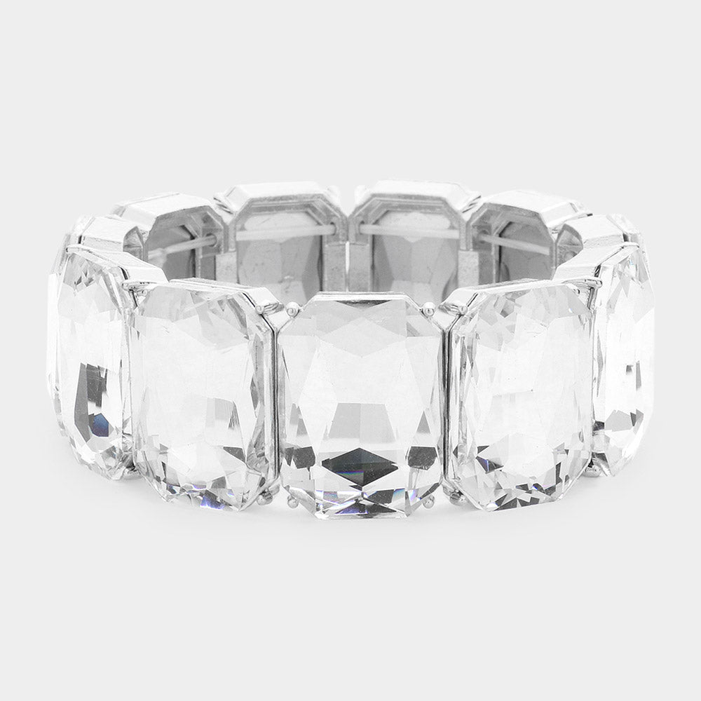 Clear Emerald Cut Stone Stretch Pageant Bracelet  | Clear Evening Bracelet 