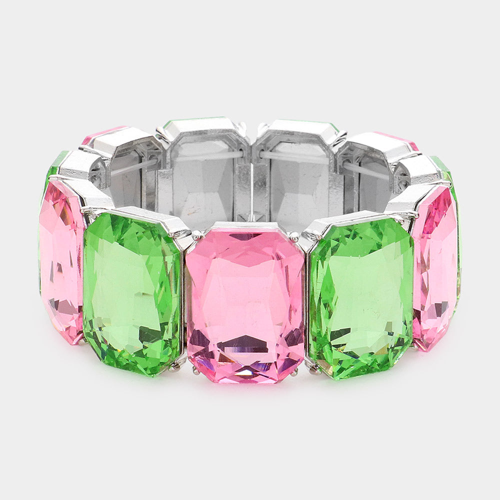 Pink & Green Emerald Cut Stone Stretch Pageant Bracelet  | Pink & Green Evening Bracelet