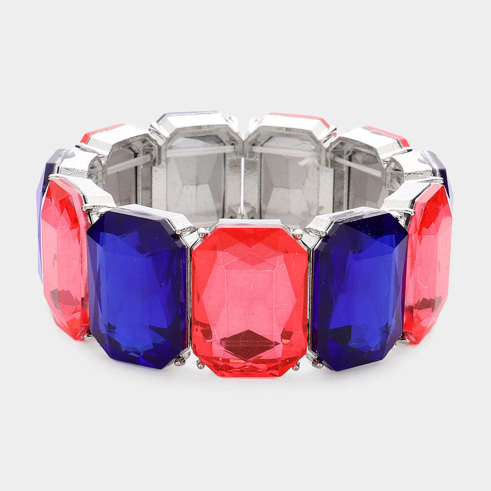 Multi-Color Emerald Cut Stone Stretch Pageant Bracelet | Royal Blue Evening Bracelet