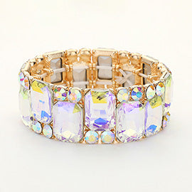 AB Crystal Square and Round Stone Cluster Stretch Pageant Bracelet on Gold| AB on Gold Evening Bracelet | 647856