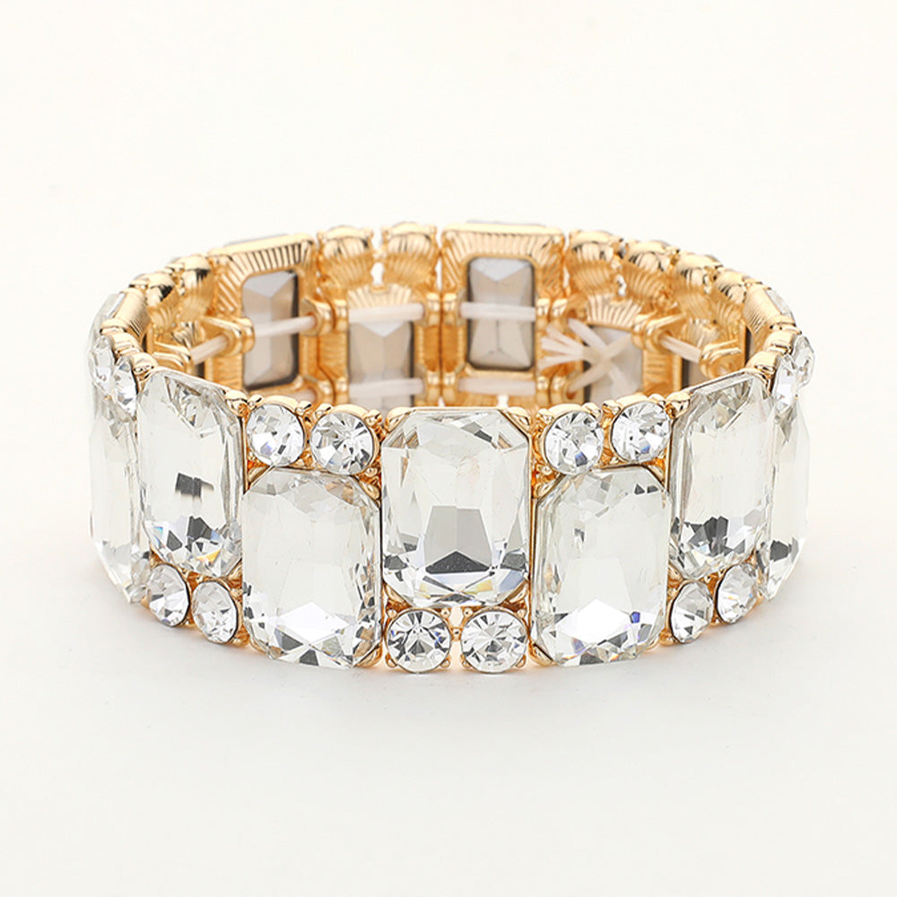 Clear Crystal Square and Round Stone Cluster Stretch Pageant Bracelet on Gold| Clear on Gold Evening Bracelet