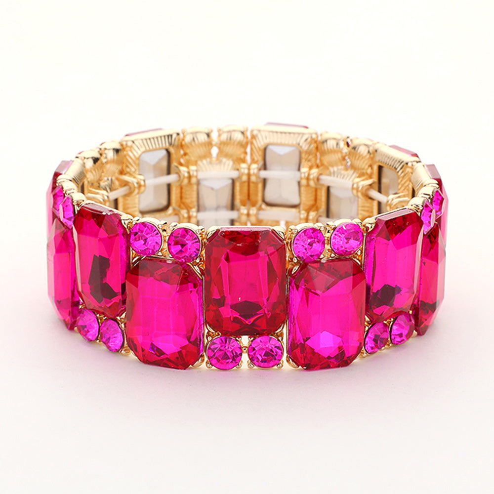 Fuchsia Crystal Square and Round Stone Cluster Stretch Pageant Bracelet | Hot Pink Evening Bracelet