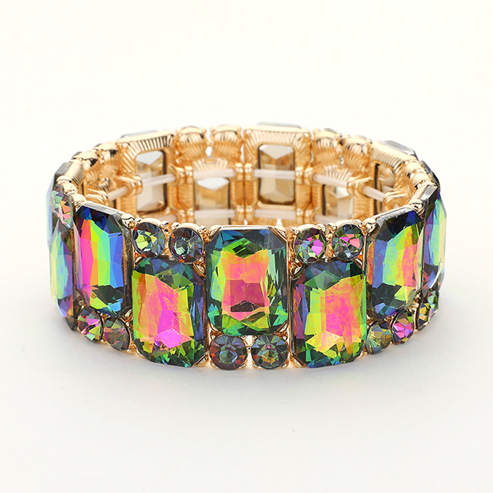 Multi-Color Crystal Square and Round Stone Cluster Stretch Pageant Bracelet | Multi-Color Evening Bracelet | 647859