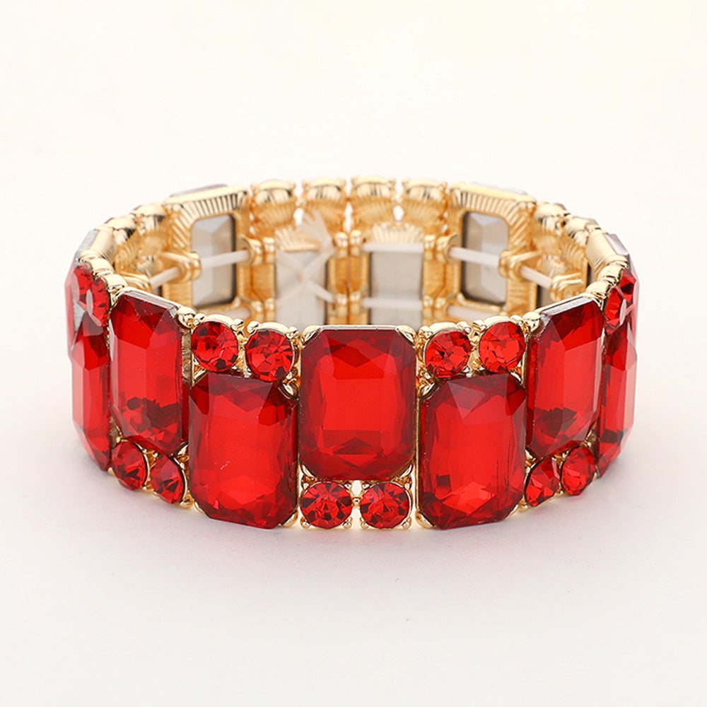 Red Crystal Square and Round Stone Cluster Stretch Pageant Bracelet | Red Evening Bracelet