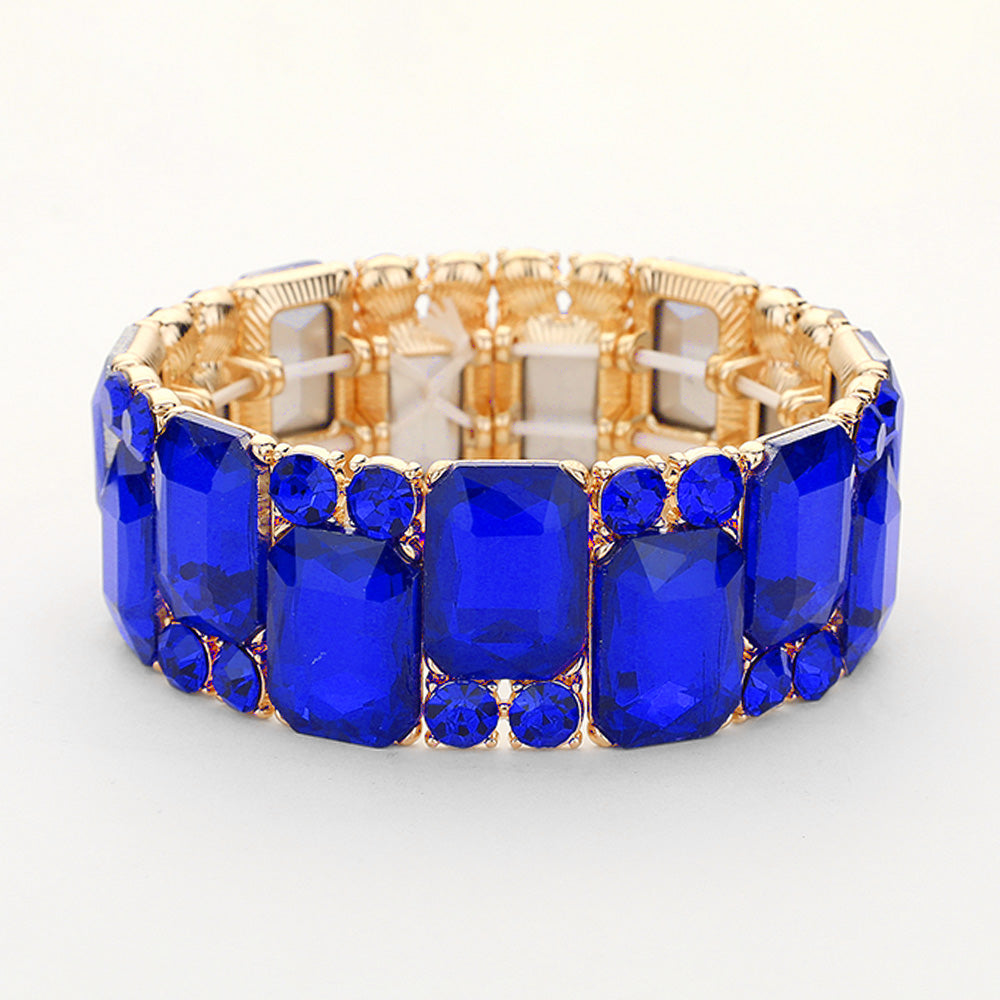 Sapphire Crystal Square and Round Stone Cluster Stretch Pageant Bracelet | Sapphire Evening Bracelet