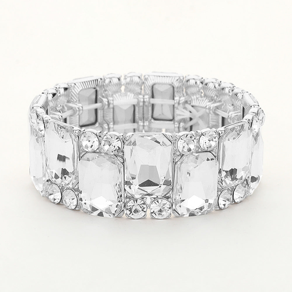 Clear Crystal Square and Round Stone Cluster Stretch Pageant Bracelet | Clear Evening Bracelet | 647862