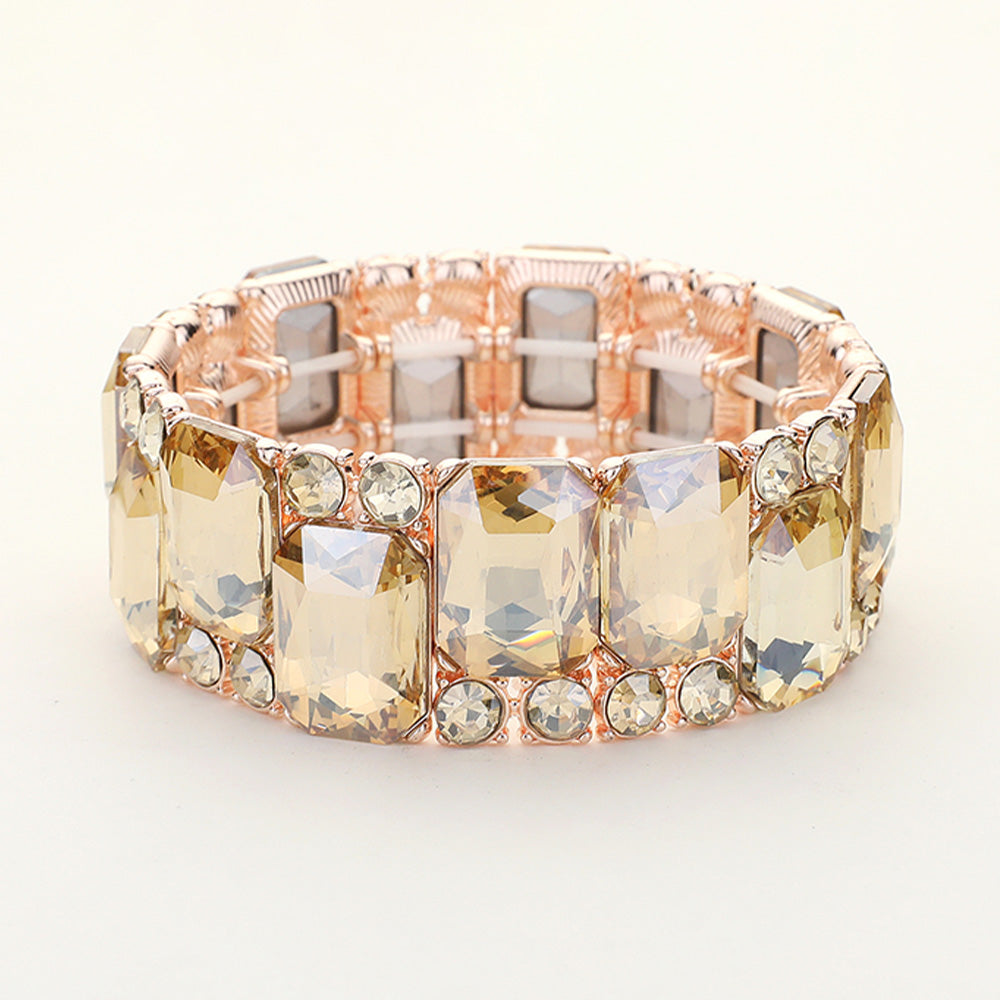 Light Topaz Crystal Square and Round Stone Cluster Stretch Pageant Bracelet on Rose Gold | Light Topaz on Rose Gold Evening Bracelet | 647863