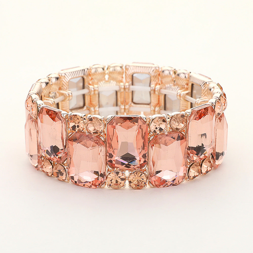 Peach Crystal Square and Round Stone Cluster Stretch Pageant Bracelet on Rose Gold  | Peach on Rose Gold  Evening Bracelet