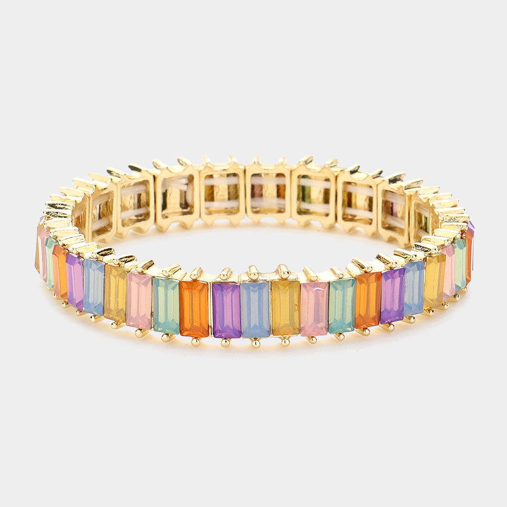 Rectangle Multi-Color Crystal Stone Stretch Pageant Bracelet | Evening Bracelet