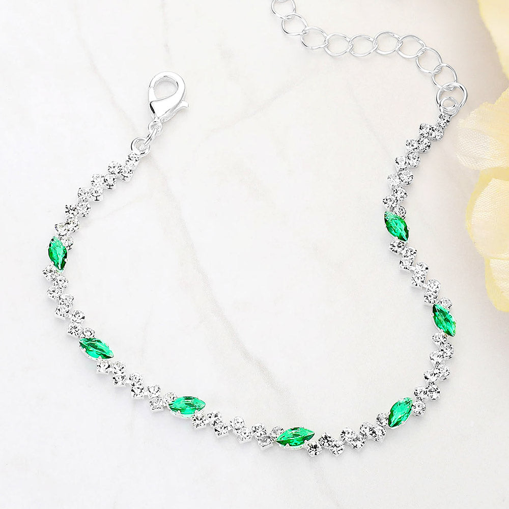 Emerald Marquise Stone with Emerald Cut CZs Trim Link Bracelet 