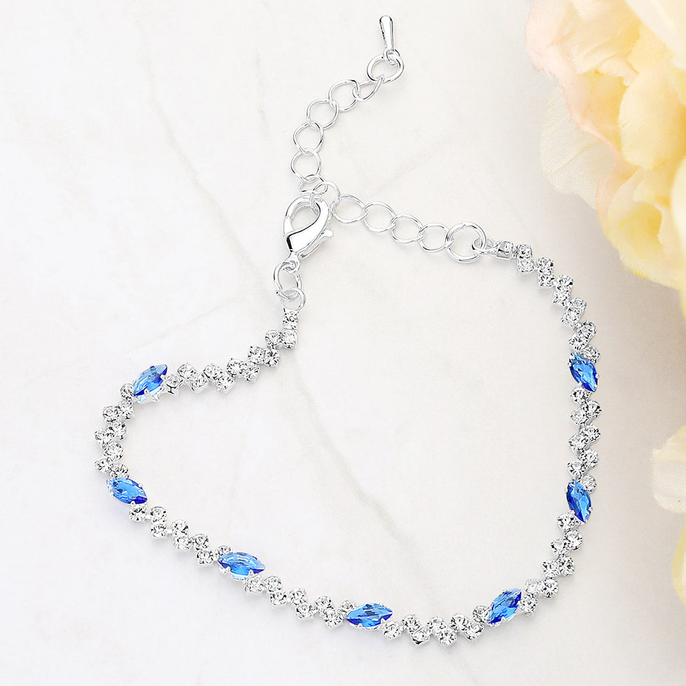 Sapphire Marquise Stone with Emerald Cut CZs Trim Link Bracelet