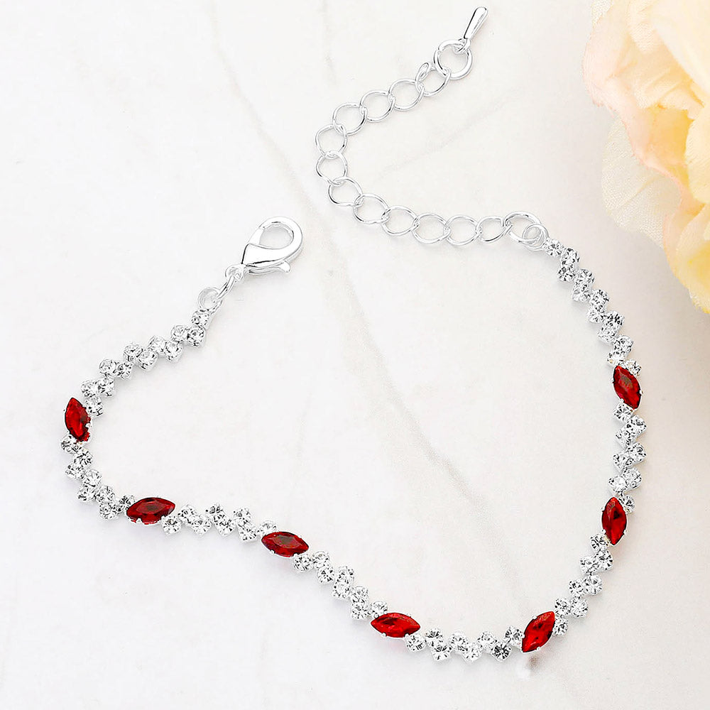 Red Marquise Stone with Emerald Cut CZs Trim Link Bracelet