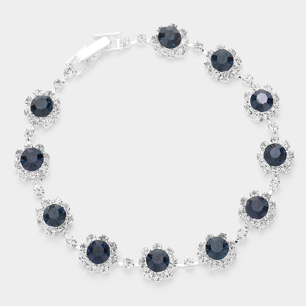 Navy Round Crystal Rhinestone Rosette Evening Bracelet 