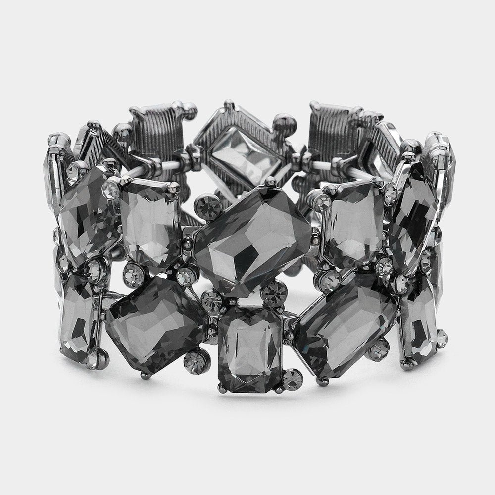 Black Diamond Offset Rectangle Crystal Stretch Evening Bracelet | Chunky Bracelet