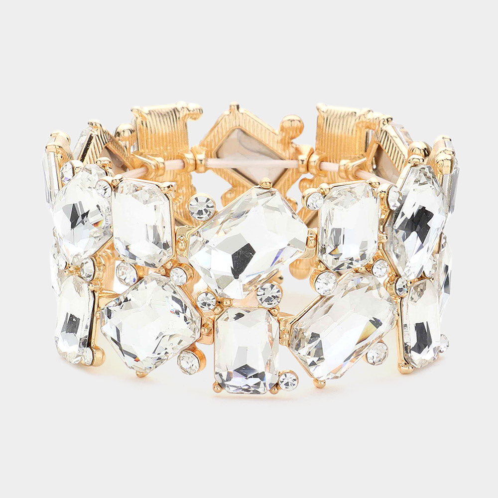 Clear Offset Rectangle Crystal Stretch Evening Bracelet on Gold| Chunky Bracelet