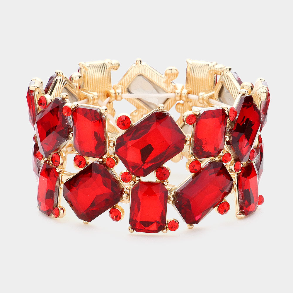 Red Offset Rectangle Crystal Stretch Evening Bracelet | Chunky Bracelet