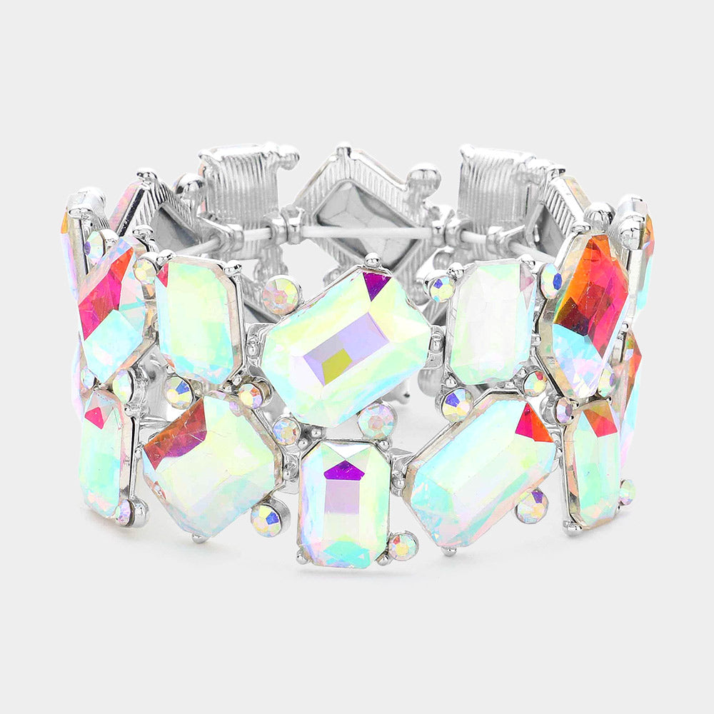 AB Offset Rectangle Crystal Stretch Evening Bracelet | Chunky Bracelet 