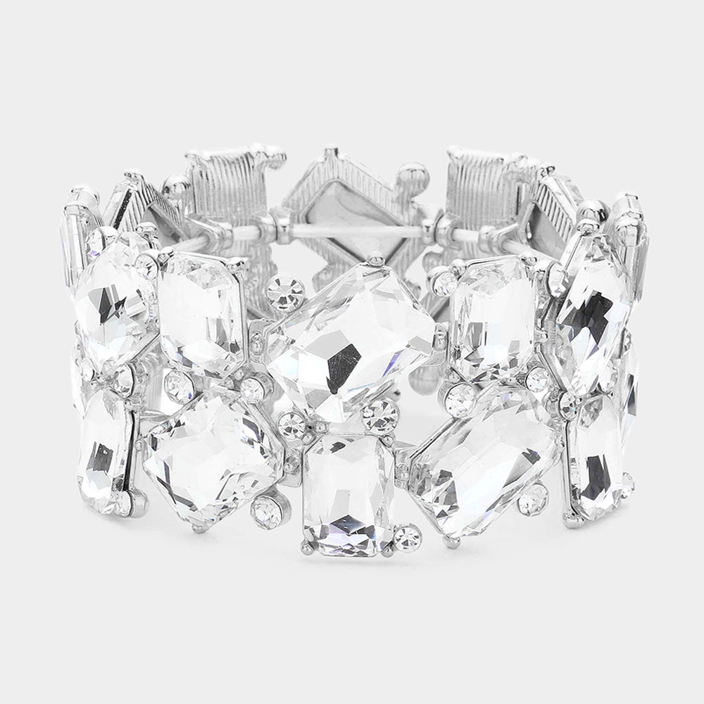 Clear Offset Rectangle Crystal Stretch Evening Bracelet | Chunky Bracelet