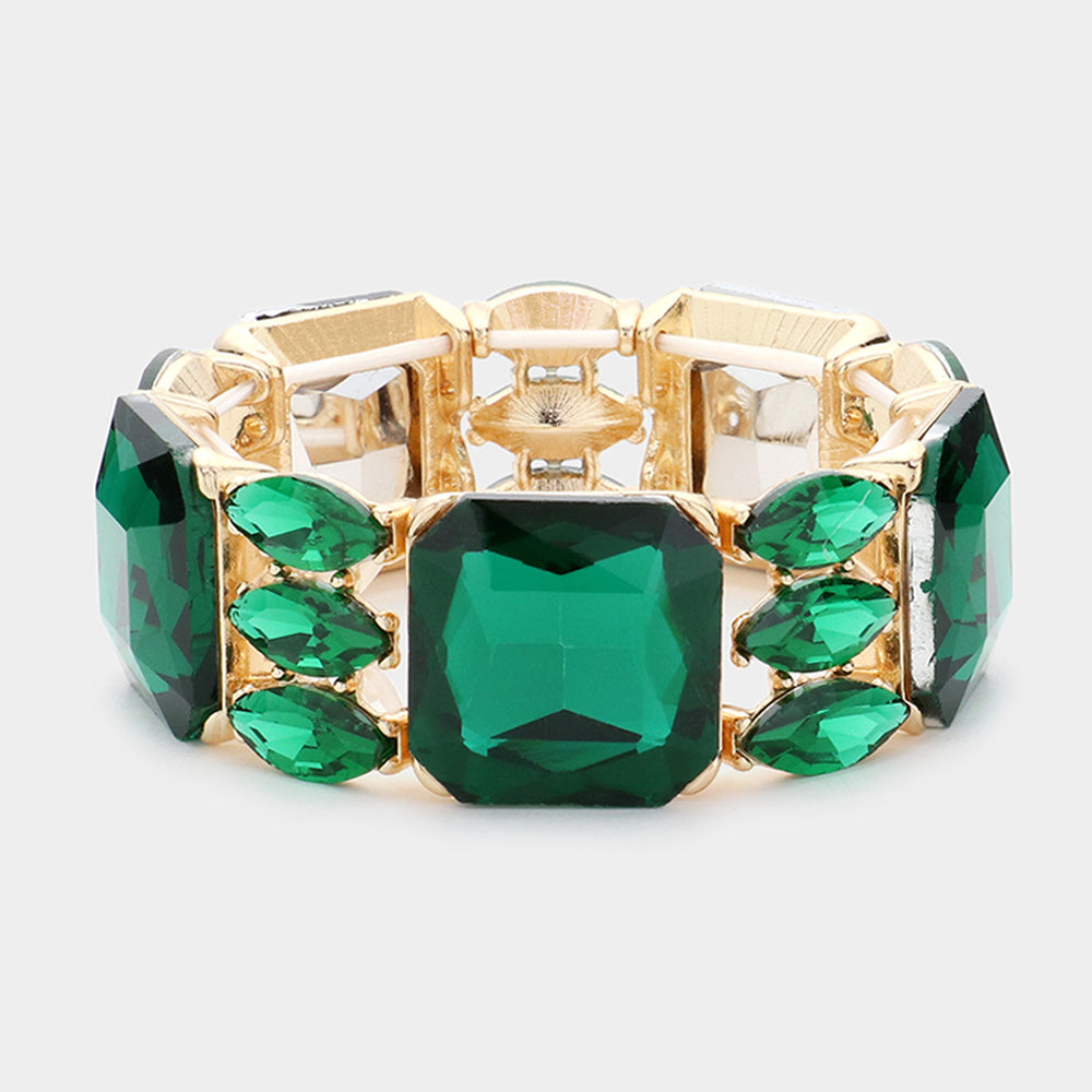 Emerald Rectangle and Marquise Stone Stretch Evening Bracelet on Gold | Chunky Bracelet