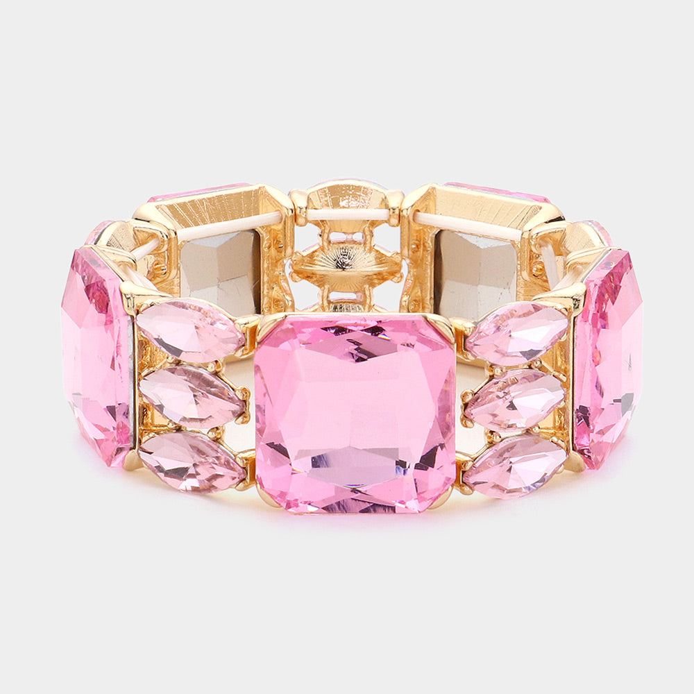 Pink Rectangle and Marquise Stone Stretch Evening Bracelet  | Chunky Bracelet