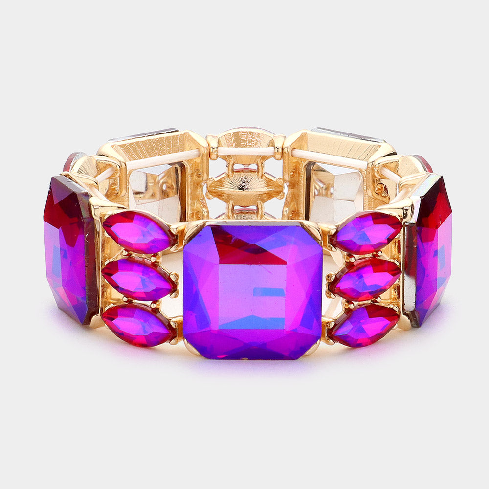 Fuchsia Rectangle and Marquise Stone Stretch Evening Bracelet  | Chunky Bracelet