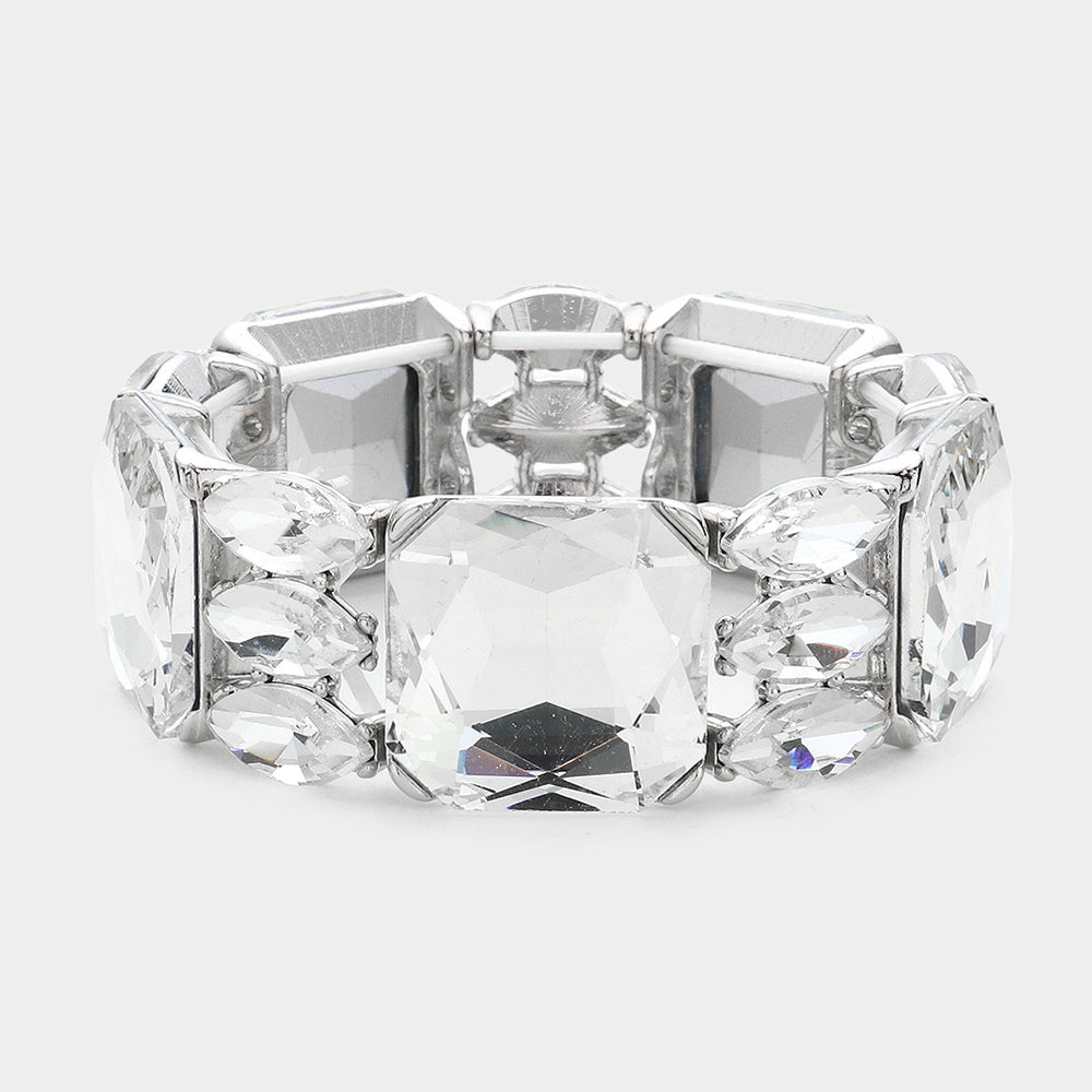 Clear Rectangle and Marquise Stone Stretch Evening Bracelet  | Chunky Bracelet