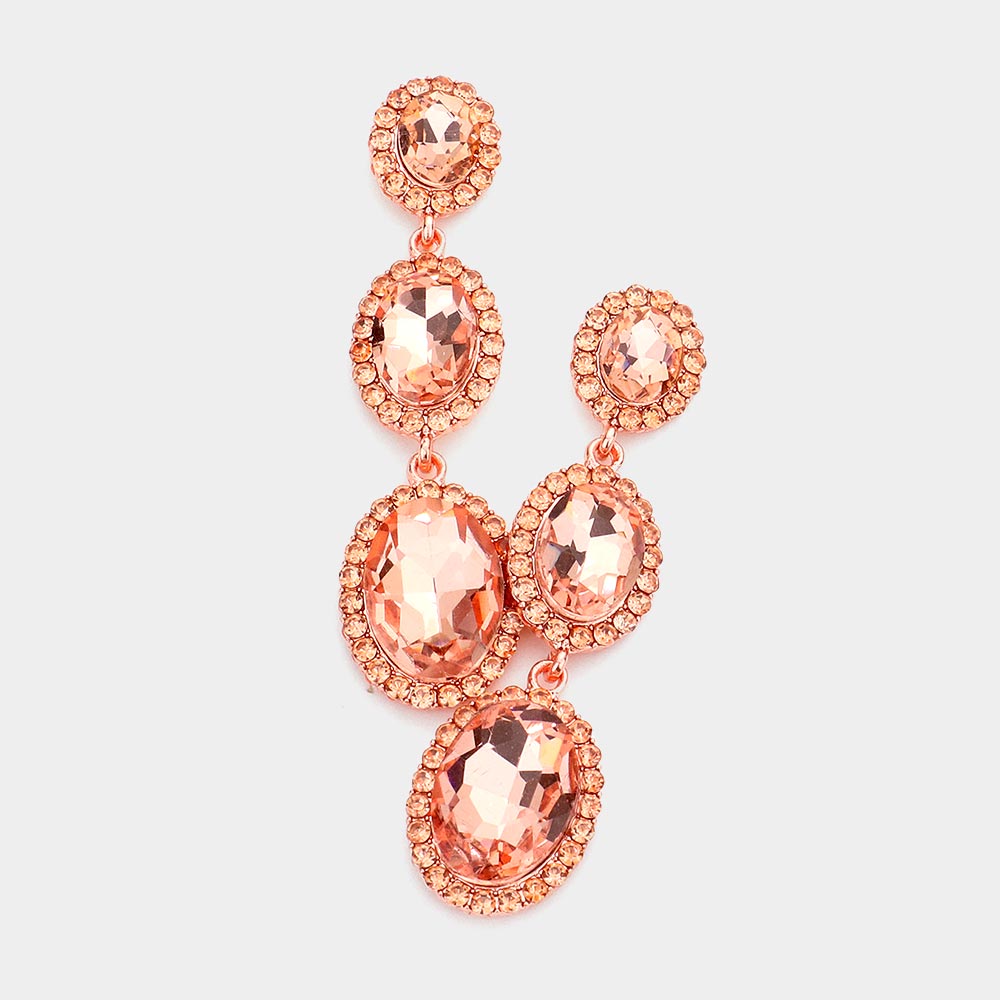 Triple Oval Peach Crystal Drop Pageant Earrings on Rose Gold | Dangle Earrings |  564856