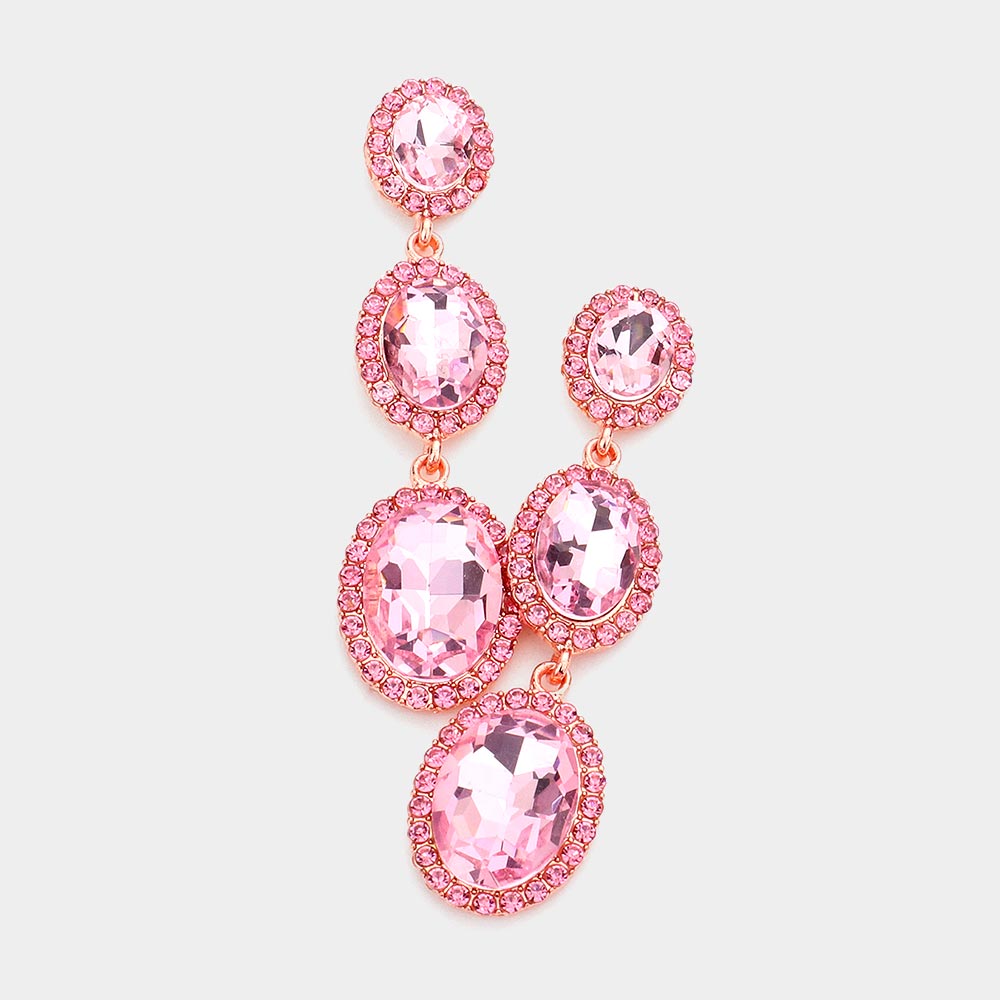 Triple Oval Pink Crystal Drop Pageant Earrings on Rose Gold&nbsp; | Dangle Earrings