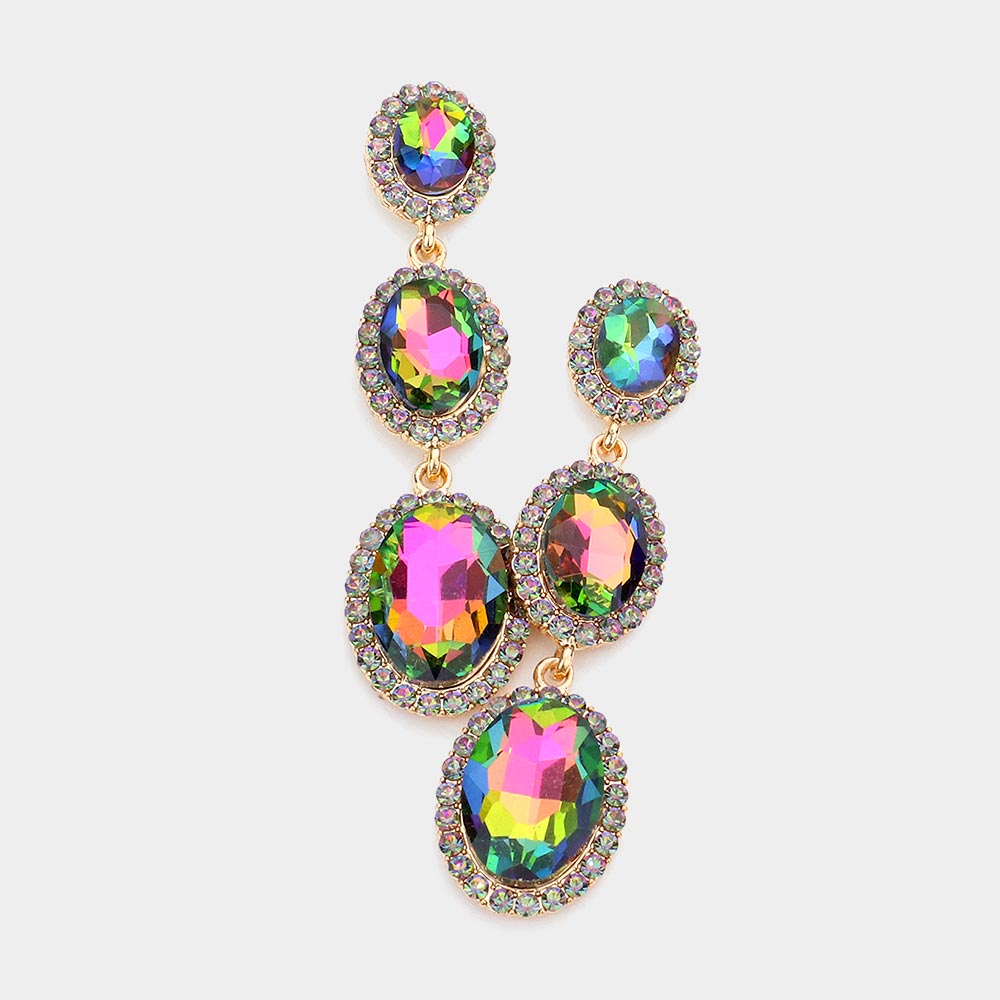 Triple Oval Multi-Color Crystal Drop Pageant Earrings  | Dangle Earrings