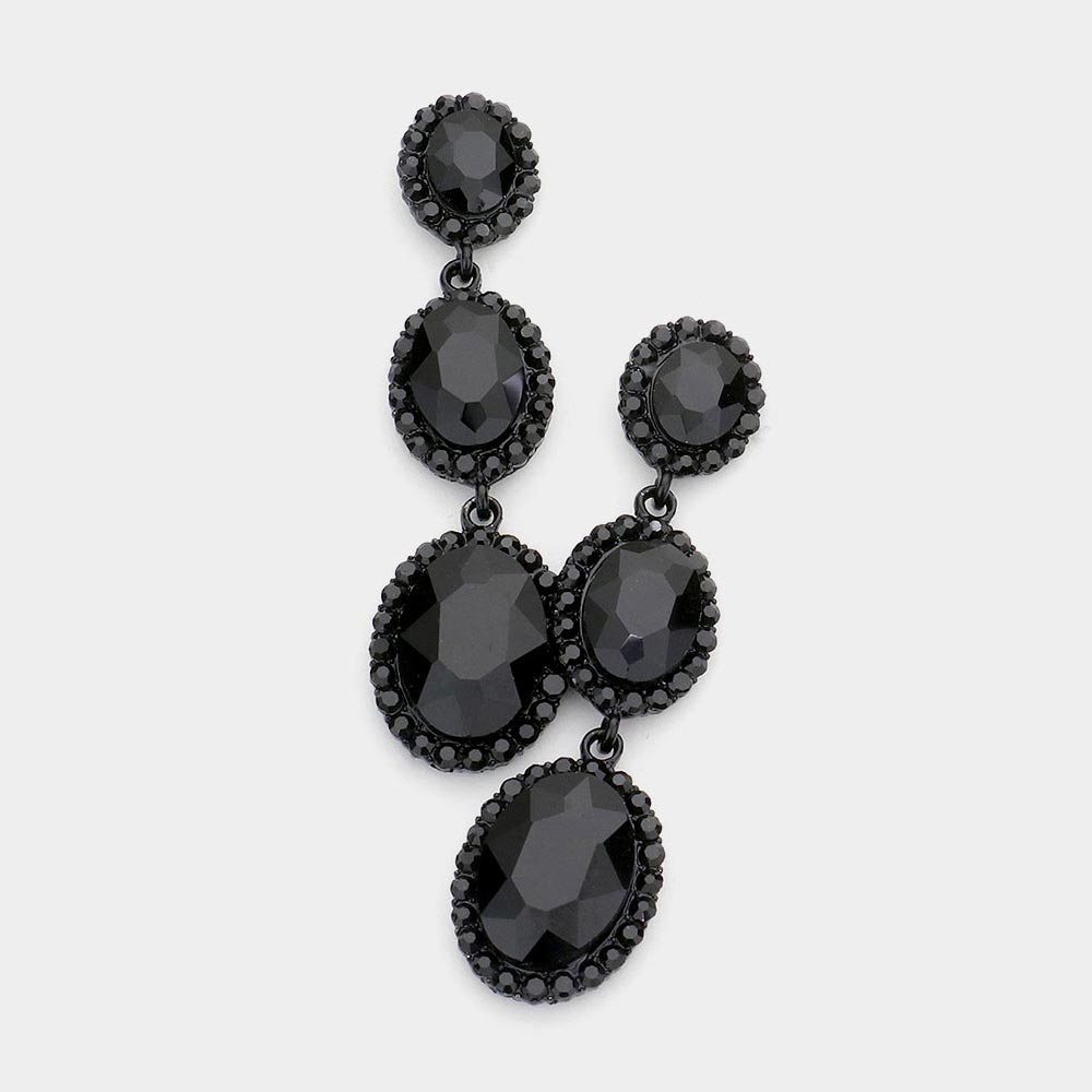 Triple Oval Jet Black Crystal Drop Pageant Earrings | Dangle Earrings |  564868