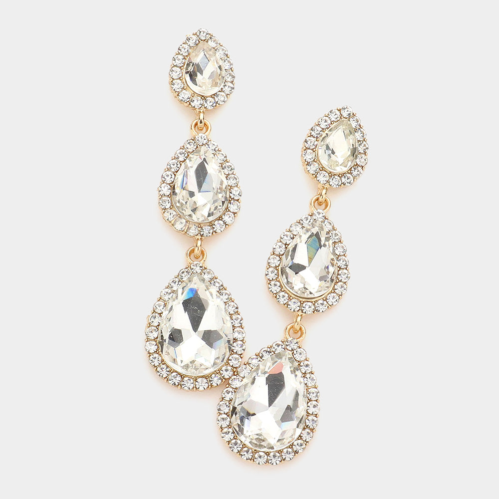 Clear Triple Teardrop Pageant Earrings on Gold | Prom Earrings | Evening Earrings